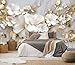Toolhom 3D Wallpaper Illustration Beige Background Large White Abstract Gold Leaf Flower for Living Room Bedroom Backdrop Decoration（Non-self-Adhesive）