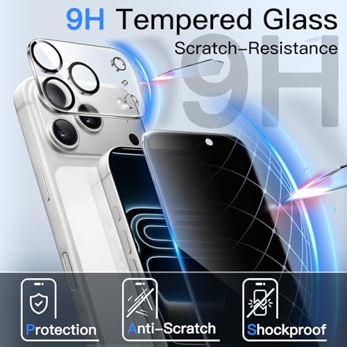Image of JETech Privacy Screen Protector for iPhone 17 Pro 6.3-Inch with Camera Lens Protector, Anti-Spy Tempered Glass Film, Easy Installation Tool, 2-Pack Each