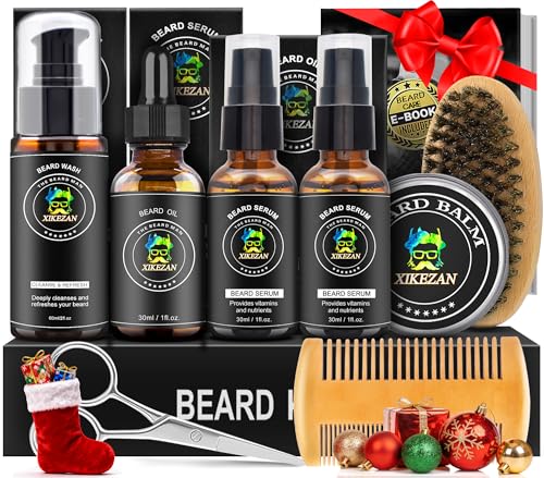 XIKEZAN Beard Kit for Men Grooming & Care Set w/2 Pack Beard Serum, Wash, Oil, Balm, Comb, Brush, Scissor, Bag, EBook, Unique Birthday Gifts for Men Him Dad Husband Brother Christmas Stocking Stuffers