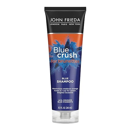 John Frieda Blue Crush for Brunettes Blue Champú, 8.3 onzas líquidas, neutraliza los tonos cobrizos, champú tonificante para cabello teñido y morena