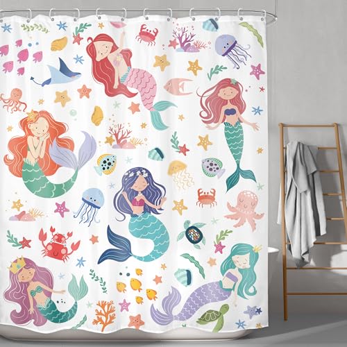 LGhtyro Kids Ocean Mermaid Shower Curtain Bathroom Set 60Wx71H Inches Underwater Cartoon Sea Animals Cute Octopus Coral Starfish Jellyfish Bath Accessories Princess Art Home Decor Fabric 12 Pack Hooks