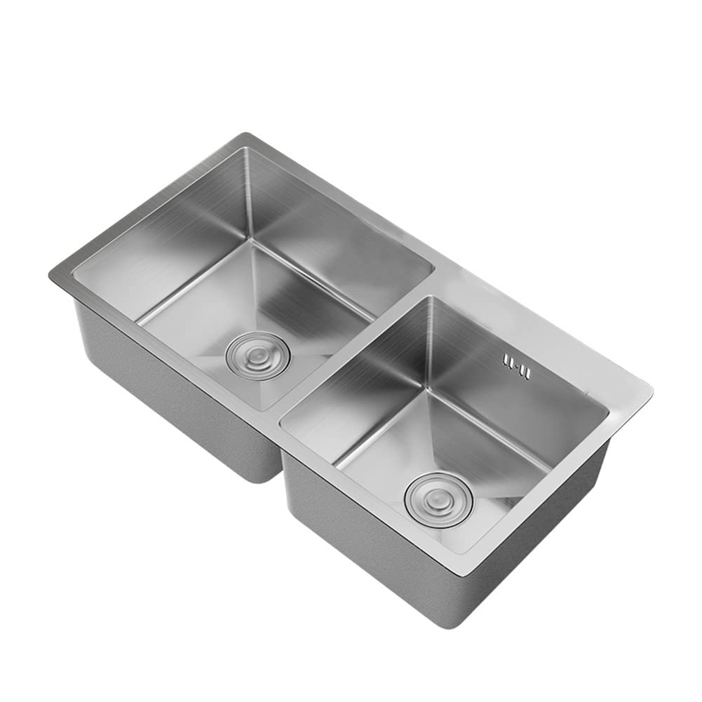Doppia Ciotola Lavello da Cucina, Lavandino Vegetale Topmount/Dropin Addensato in Finitura in Acciaio Inossidabile Spazzolato con Rubinetto, Cesto Di Scarico, Distributore Di Sapone , ATAAY , Silvera