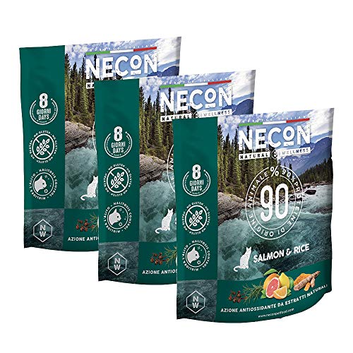 NECON Pet Food Natural Wellness Salmón y arroz 3 x 400 g, alimento para Gatos Adultos, croquetas Bajas en Grano ricas en proteínas y Omega 3, Calidad súper Premium, Gluten