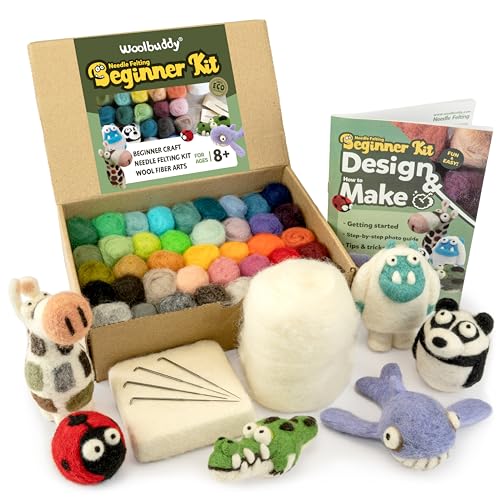 Woolbuddy Needle Felting Starter Kit Make 6 Cute Characters(Yeti Giraffe Panda Ladybug Whale Gator) Complete Kit for Beginners & Adults with Wool Roving Felting Needles Pad & Instruction Guide