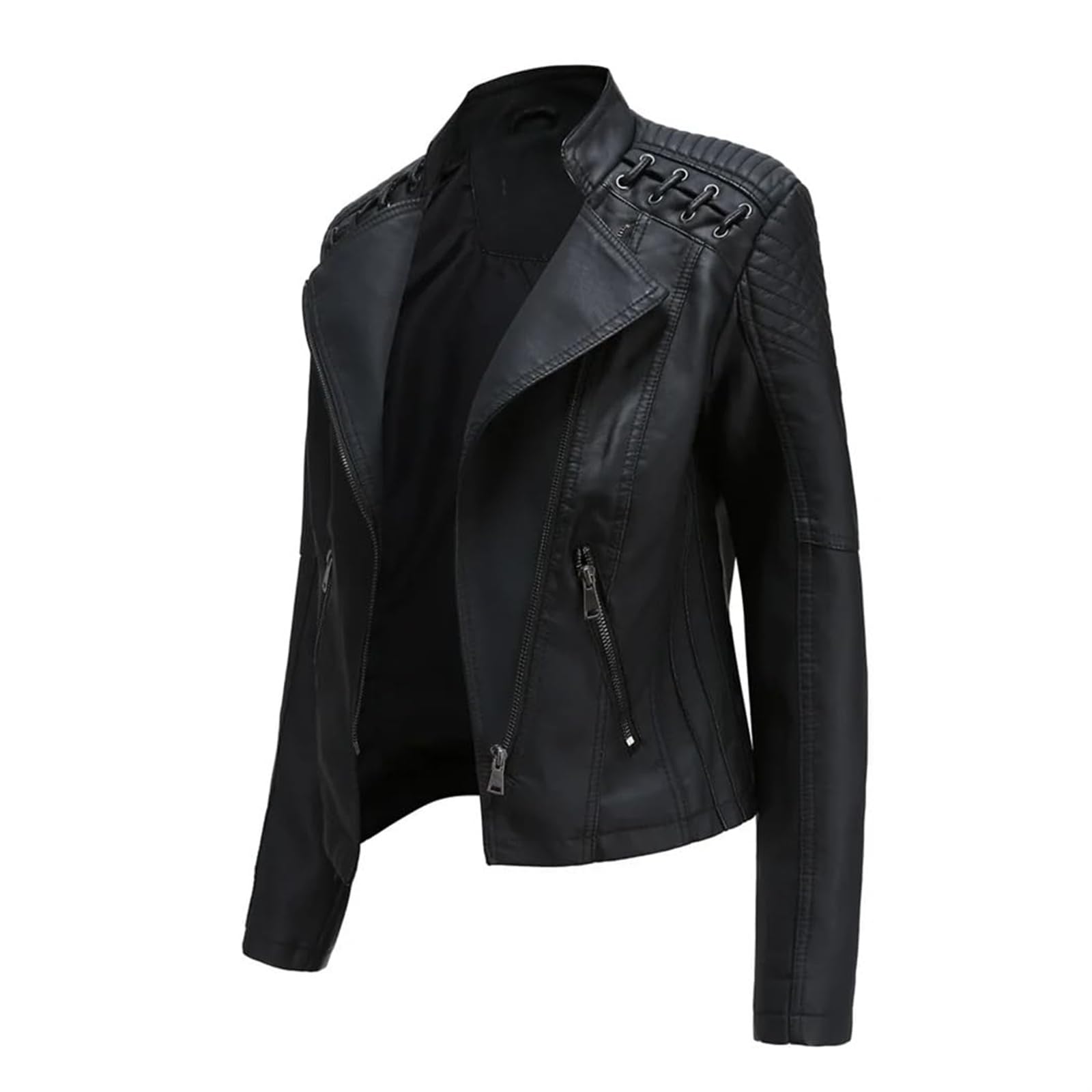 Chaqueta de piel sintética para mujer, con cremallera y cuello de solapa, chaqueta de motociclista con costuras