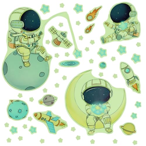 Stickers Muraux Étoiles Phosphorescentes, Autocollants Lumineux Enfants, Astronaute Fusée Planètes, 54 Pièces Vert Fluorescent pour Chambre Enfant Salle de...