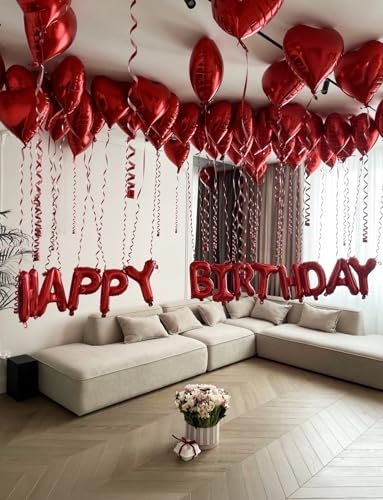 Image of Red Happy Birthday Balloon Banner, 16 Inch Red Happy Birthday Foil Balloons, Foil Letter Balloon Sign for Men Women Boys Girls Hbd Party Decorations, Photo Booth Backdrop