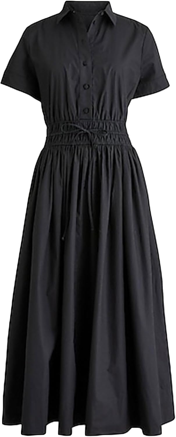 Ladyful Women Casual Button Down Short Sleeve Shirt Dress Tie Waist Midi Shirt Dress Elegant Business Party - Image 7