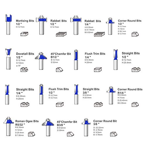 KOWOOD 15 Plus Router Bits Set. Essential Woodwork Tools for an Experienced Carpenter, Upgraded Version 15 Pieces Router Bits Set (Blue) - Thumbnail 2