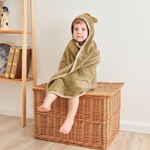 Image of Munich Blue Toddler Bath Towel for Boys & Girls - Soft Baby Bath Towels with Cute Bear Ears - Cozy Baby & Toddler Towels, 600 GSM, 35x35 inch (Brown Sugar)