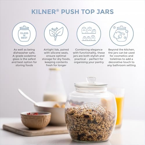 Image of Kilner Premium 2 Pcs x 850ml Universal Airtight Clear Glass Jar with Push Top Lid for Dry Food Like Grains, Spices, Pickles, Sauces | Reusable Kitchen Storage Container, Fridge Safe