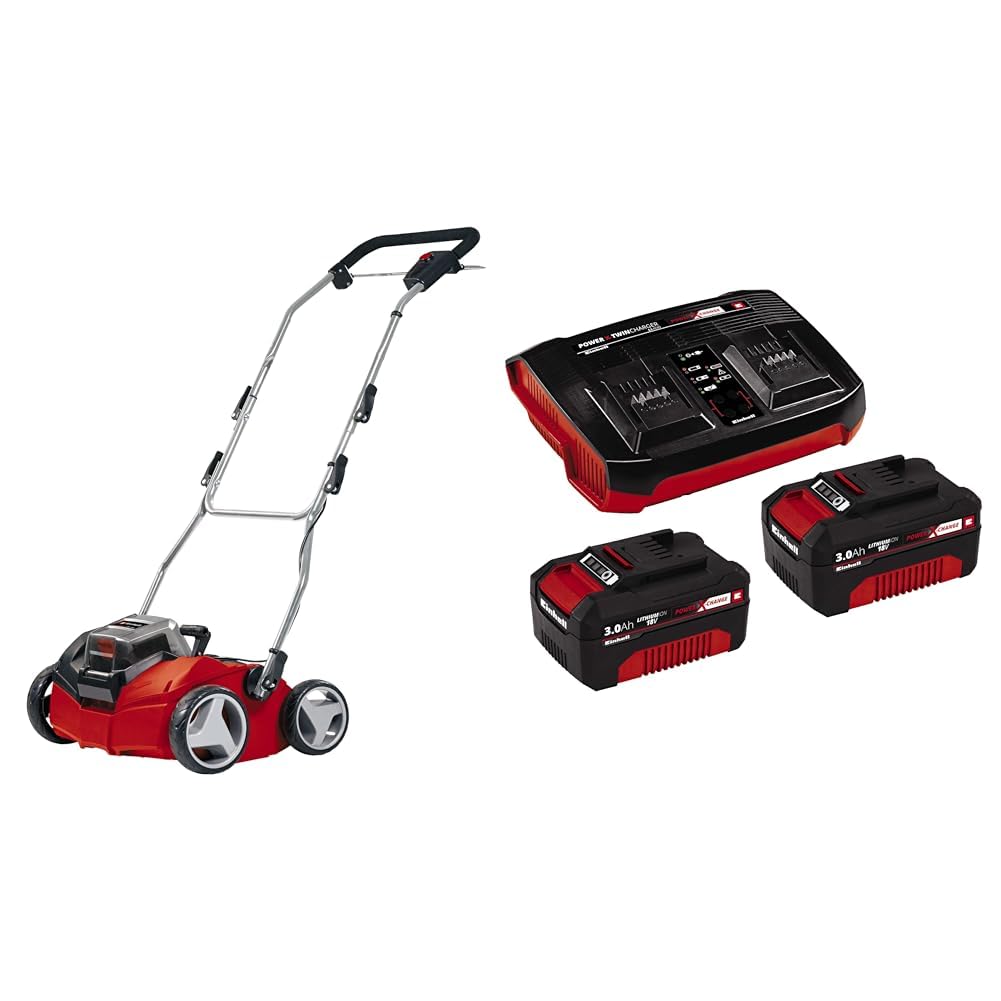 Einhell Scarificateur sans fil sur batterie GE-SC 35 Li Solo - Power X-Change (36 V, Moteur Brushless, Surface conseillée 400 m²) avec Twincharger et 2 Batteries 3,0Ah