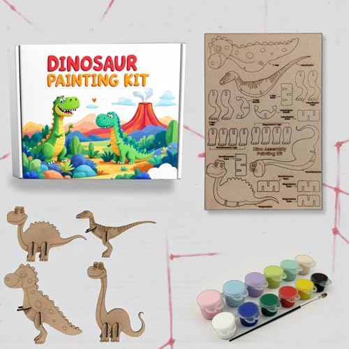 Image of BAGJI TOYS Dinosaur Painting Kit for Kids Ages 4-8 - DIY Wooden Dino Craft Kit with 4 Assemble & Paint Dinosaur Models, 12 Paint Pots & Brush - Creative Arts and Crafts Gift for Boys & Girls (4, dino01)
