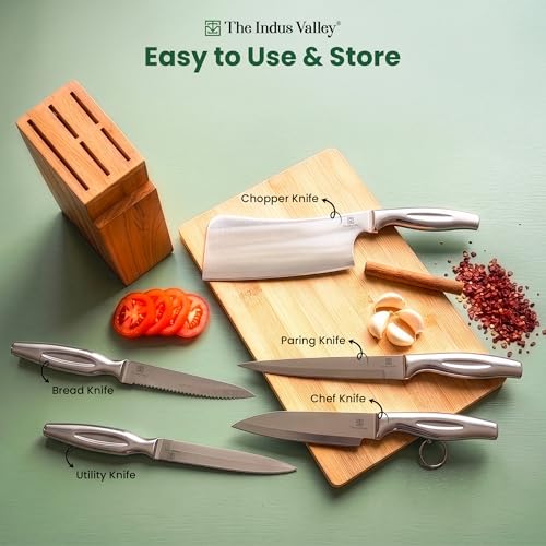 Image of The Indus Valley Stainless Steel Knife | Set of 5 with Wooden Stand | Chef, Bread, Chopper, Utility & Paring Knife Combo Set | Secure Grip Handle | Ideal for Choping, Cutting & Slicing