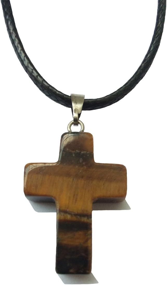 AIMITH Natural Tiger Agate Crystal Gemstone Rock Cross Pendant Leather Rope Guard Necklace Stone Jewelry (Tigers Eye Crystal - 2 pcs)