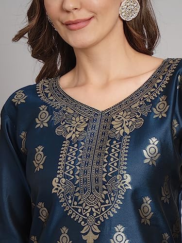 Image of VredeVogel Women's Cotton Silk Jacquard Kurta Pant Set with Banarasi Silk Dupatta