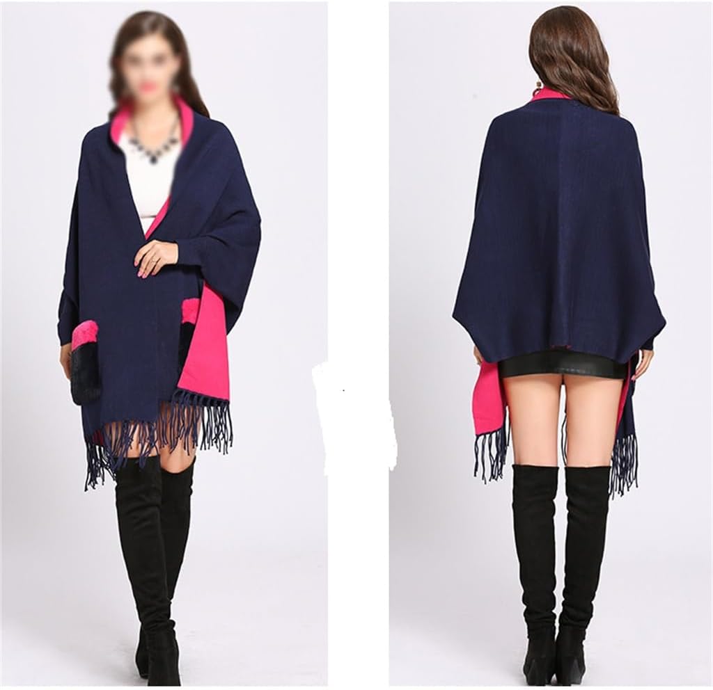 [ジービーヒング] 秋と冬のショールダブルフェイスファーポケットタッセルニットショールケープ女性