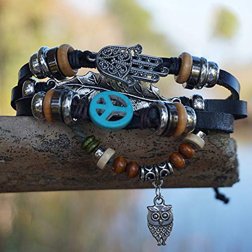 Image of Young & Forever Multi-Layer Leather Bracelet for Men | Adjustable Handmade Wrap Bracelet with Beads, Anchor, Evil Eye, Feather & Boho Charms | Vintage Punk Casual Wristband Gift for Men & Boys