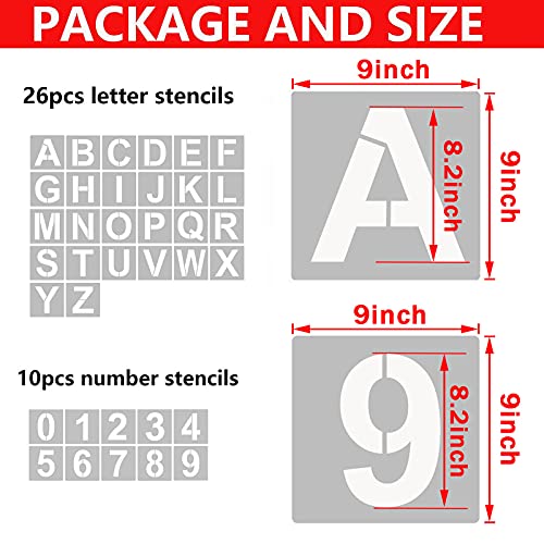 Image of 36 Pcs Letter and Number Stencils, Alphabet Craft Set - Reusable Plastic for Painting on Wood, Wall, Fabric, Rock, Chalkboard, Signage, DIY School Art Projects (9 Inch)
