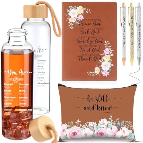 6 Pcs Christmas Christian Gifts Bulk for Women 1 Bible Verse Glass Bottle 1 Makeup Bag 1 Religious Scripture Notebook 3 Ballpoint Pens Inspirational Gifts for Sunday School Church(Brown)