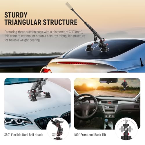 Image of NEEWER Triple Suction Cup Car Mount Compatible with Insta360 X5 X4 GoPro DJI OSMO 360 Cameras, Quick Release Outside Windshield Magic Arm Mount Kit with 2 in 1 Extension Pole /Selfie Stick, CA065