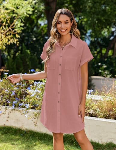 Image of Zeagoo Summer Dresses for Women 2026 Cotton Button Down Short Sleeve Tshirt Dresses Casual Mini Beach Dress