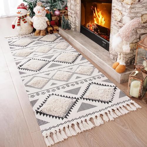 Image of Hand Woven 100% Natural Cotton Export Quality Designer Rug,Carpet, Bed Side Runner for Bedroom,Living Room, Size-2x5 feet or 60 cms x 152 cms (White Black)