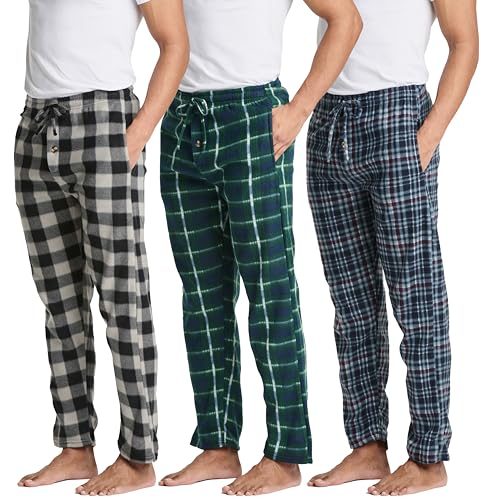 Real Essentials 3 Pack: Mens Fleece Plaid Pajama Pants - Lounge Pajama Bottoms(Available in Big & Tall) Set 3,3XL
