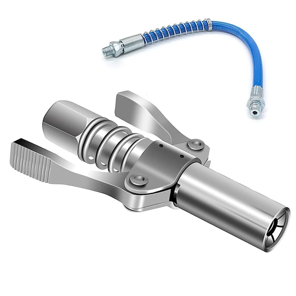 eKRASH Grease Gun Coupler, Strong Lock Release Grease Coupler,10k-12k PSI High Preasure Quick Release Metal Dual Handle Grease Gun Coupler 1/8" NPT Universal Grease Gun Fitting (12, 000 PSI WITH PIPE)-image-23