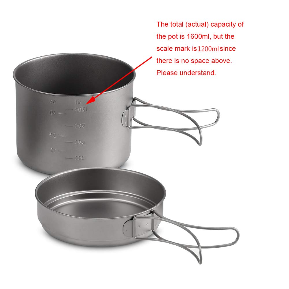 Lixada Zestaw garnków z czystego tytanu, 1100 ml / 1600 ml + patelnia 350 ml / 500 ml, Φ125 x 102 mm, ze składanym uchwytem, na kemping, wędrówki (1600 ml + patelnia)