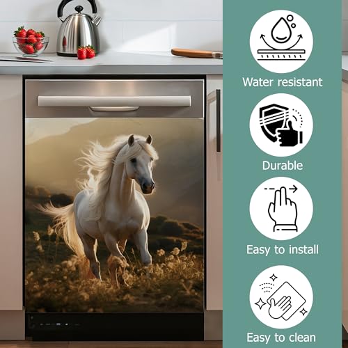 Image of Galloping Horse Refrigerator Magnet Cover,White Horse Washable Dishwasher Magnets Decorative Cover,Home Kitchen Decorative Dishwasher Front Panel Cover 23x26 Inch