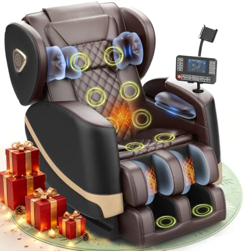 Massagesessel Ganzkörper-Massagesessel mit Zero-Gravity 14 Rollen und 8 Komfort-Airbags Mit Heizfunktion für Taille und Beine Fußmassage Bluetooth-Player und 2-in-1 Touchscreen (Schwarz + Braun)