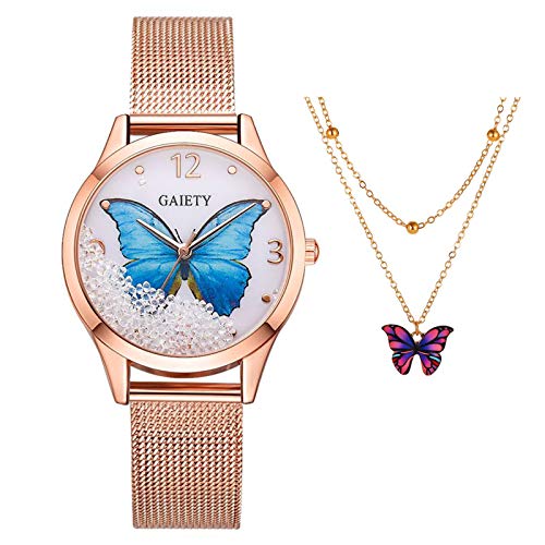 Hetangyuese Damen Armbanduhr Mit Schmetterling Halskette, Analog Quarz Armbanduhr Mit Schmetterling Motiv für Frauen Damen Cover