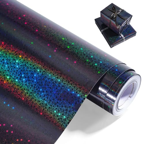 Black Holographic Wrapping Paper Metallic Glitter Star Gift Wrap Paper Roll for Birthday Valentines Day Fathers Day Christmas Graduation - 43cm x 10m