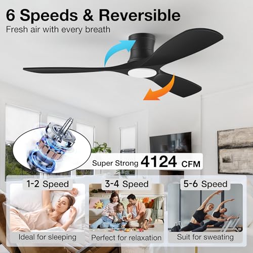 Image of 52 inch Smart Low Profile Ceiling Fans with Light Remote,Flush Mount,Black,Wood
