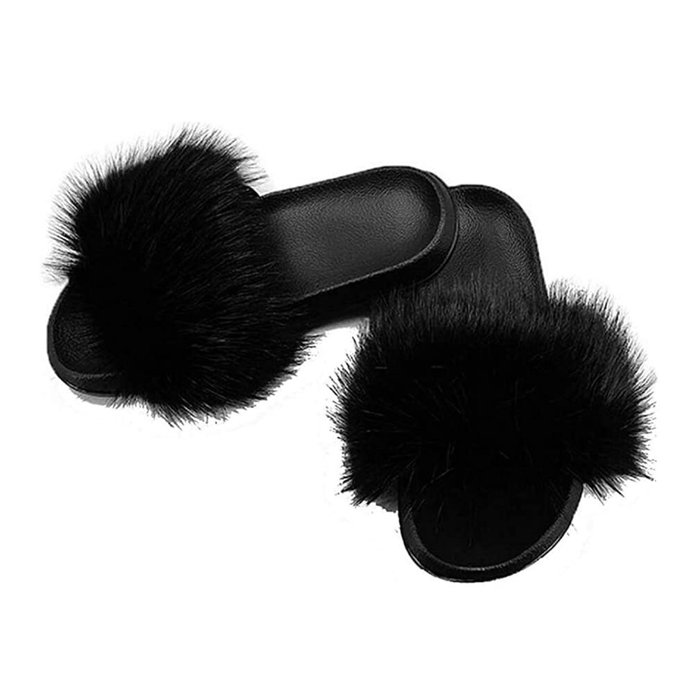 BININBOXWomen's Faux Fox Fur Slide Slipper Sandal Soft Furry Lovely Indoor Outdoor Open Toe Single Strap Slip On Slippers Sandals Multicolor