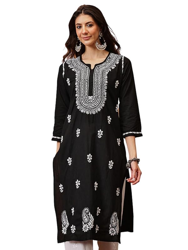 Ada Women Cotton Regular Fit Hand Embroidered Lucknowi Chikankari Kurta Kurti A411765