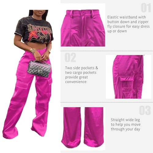 XZLUFNY Satin Cargo Pants for Women High Waist Multiple Pockets Wide Leg Trouser4