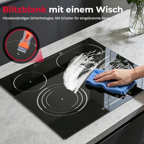 SNDOAS Glaskeramikkochfeld 4 Platten, Herdplatte 4 Kochfelder mit Ovalzone & Dreikreis-Zone, 6700W Kochfeld 4 Platten 59cm, 9 Heizstufen Touch Timer Kindersicherung, Schwarz für Einbau oder Standgerät