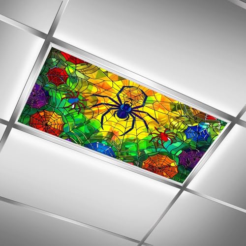 Image of 2ft x 4ft Fluorescent Light Cover Decorative Spider Yellow Green Ceiling Light Filters - Easy Setup for Classroom Office Hospitals Home Ceiling, Reduce Glare & Flicker