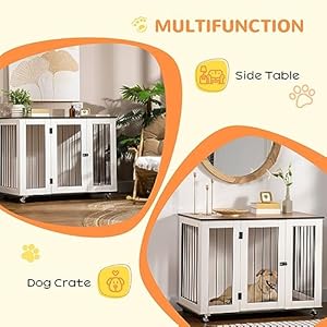 PawHut Large Dog Crate Furniture on Wheels, Dog Crate End Table Indoor with Lockable Door for Large Dogs, 42" W x 23.5" D x 32" H, White PawHut Large Dog Crate Furniture on Wheels Dog Crate End Table Indoor with Lockable Door for Large Dogs 42 W x 235 D x 32 H White