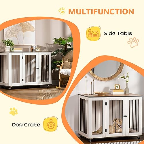 PawHut-Large-Dog-Crate-Furniture-on-Wheels-Dog-Crate-End-Table-Indoor-with-Lockable-Door-for-Large-Dogs-42-W-x-235-D-x-32-H-White PawHut Large Dog Crate Furniture on Wheels Dog Crate End Table Indoor with Lockable Door for Large Dogs 42 W x 235 D x 32 H White