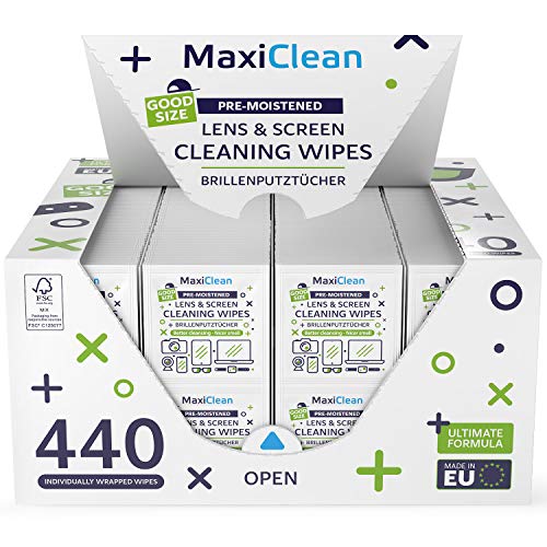 Maxi Clean Lens Wipes - 440 Pre-Moistened Eyeglass Cleaning Wipes - Cleaner For Glasses, Laptops Screens, Binoculars, Optical Lens, Watch Screens, Made In Europe #TOP1