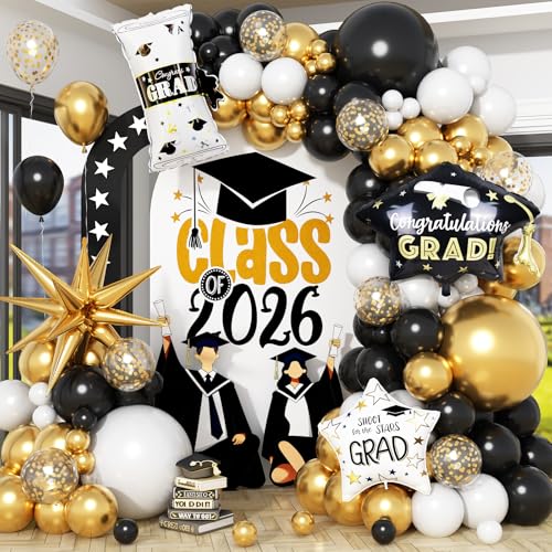 Graduation Balloon Arch Garland Kit 2026 Black Gold Confetti White Graduation Decorations with Foil Grad Cap Diploma Star Balloons for Congrats Class of 2026 Graduates Celebrations Party Decorations