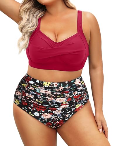Image of Daci Women Plus Size High Waisted Two Piece Swimsuit Tummy Control Bikini | Twist Front,Ruched Tummy Control,High Waist,V Neck,Full Coverage,Retro,Removable Pads,Adjustable Straps