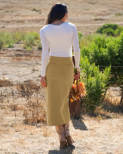 luvamia Corduroy Skirts for Women Midi Length High Waisted Button Fly Fall Casual Elastic Waist Long Skirt with Slit2