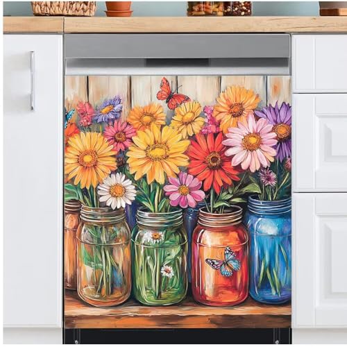 Mason Jar Flowers Dishwasher Magnet Full Door Cover, Colorful Flowers Refrigerator Door Covers Magnetic Skin Door Panel Stickers, Butterflies Fridge Appliance Magnet Sheet Home, 23" x 26" (Magnetic)