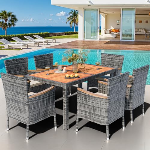 Image of Shintenchi 7 PCS Patio Dining Set, Wicker Patio Conversation Set with Wooden Table Top, Outdoor Table and Chairs with Soft Cushions for Backyard, Deck and Garden, Grey Rattan