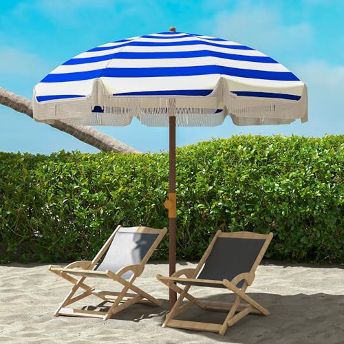 Royard Oaktree 6.2' Portable Beach Umbrella, Beach Chair Umbrella with UPF40+ UV Protection, Outdoor Canopy Sunshade with Carry Bag for Beach, Patio, Yard, Garden, Blue Stripe