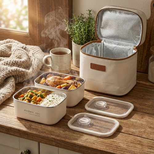 Image of YELONA Stainless Steel Bento Lunch Box Set with Insulated Bag - Microwave & Dishwasher Safe Tiffin Box for Office & School, Leak-Proof Meal Prep Containers - 1200ml (2 x 600ml), Beige